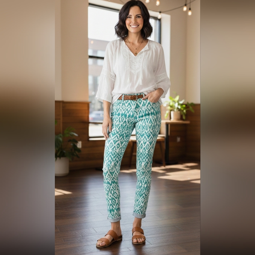 🌙📨 Lucky Charlie Skinny Ikat Tribal Turquoise Jeans